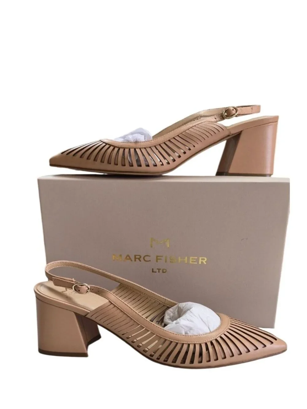 Marc Fisher LTD Zabie Natural Leather Block Heel Slingback Pumps Size 9.5M - Picture 1 of 16